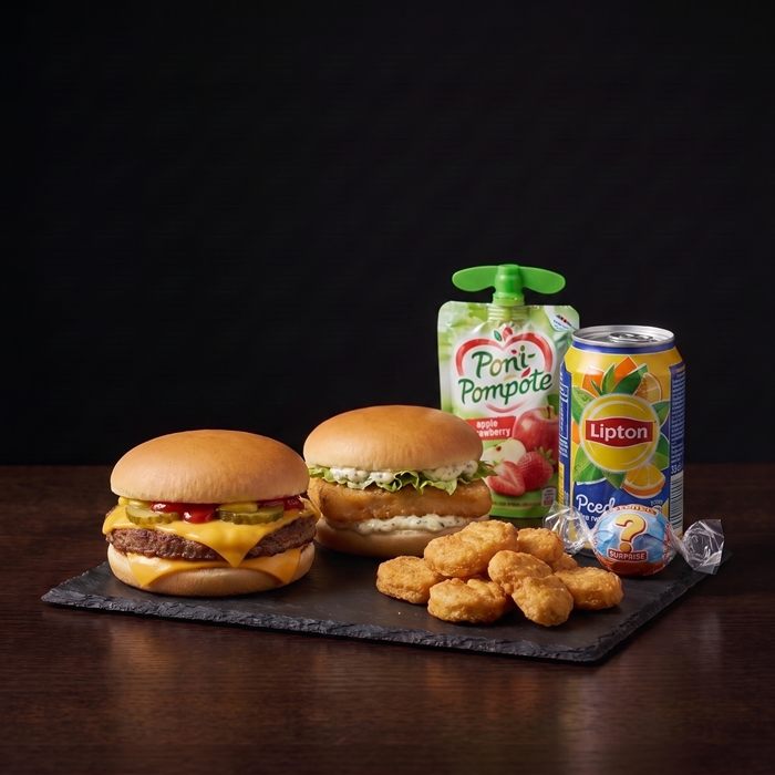 Cheeseburger, fish, nuggets, compote, boisson et jouet surprise