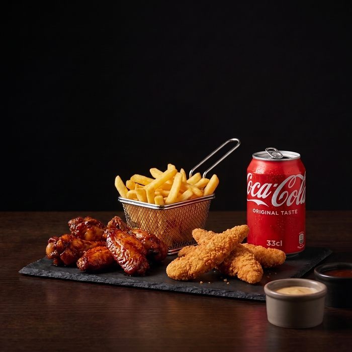Wings, tenders, frites et canette de soda