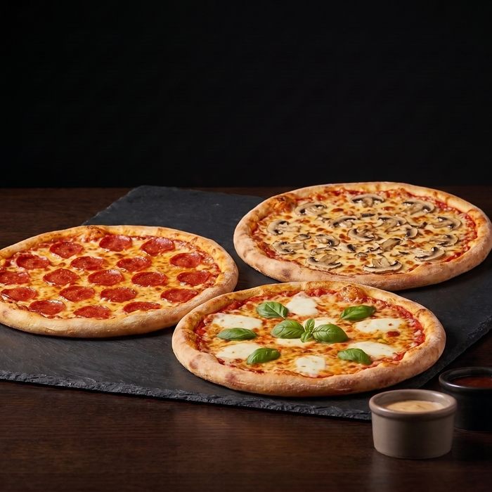 Trois pizzas garnies sur une ardoise